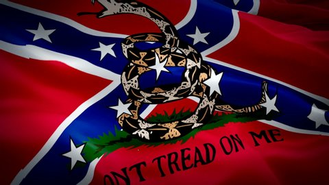 Rebel battle flag. Don't tread on me Confederate states American snake flag waving video in wind footage Full HD. American Confederate flag waving video download.USA civil war white house Flag 1080p f