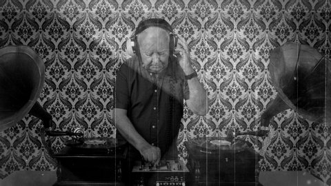 Scratched film of a funky DJ grandpa playing records with gramophones in nightclub.