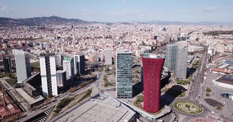 BARCELONA, SPAIN - MARCH 19, 2019: Panoramic aerial view of business district of Gran Via and Placa d Europa with modern skyscrapers