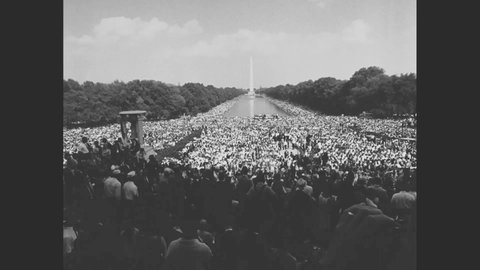 CIRCA 1963 - The Washington Monument is shown as Dr. Martin Luther King gives his I Have A Dream speech at the Lincoln Memorial.