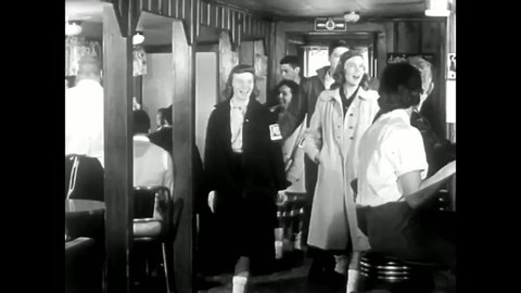 CIRCA 1958 - Members of a High School Service Club enter a diner and teenage cousins discuss working for the United Fund.