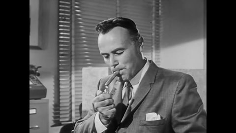 CIRCA 1958 - Businessmen smoke in an office, a restaurant and in a home, in a television commercial for Santa De Cigars.