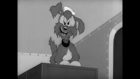 CIRCA 1946 - Animated bearded sailors and a dog are shown on a warship, a sailor receives a tattoo of a bird and is able to fly himself.