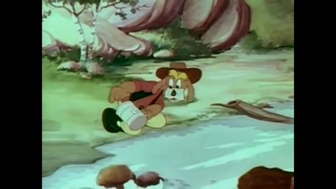 CIRCA 1939 - In this animated film, dogs pan for gold while others sing in a gold mine.