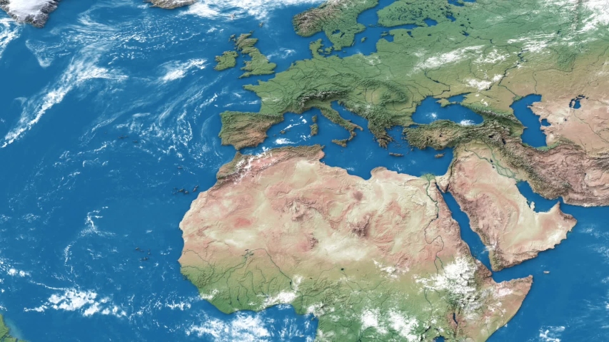 Realistic earth world map. Detailed world atlas animation. Zoom in of the europa. America, europe, africa, asia, australia on mooving map.