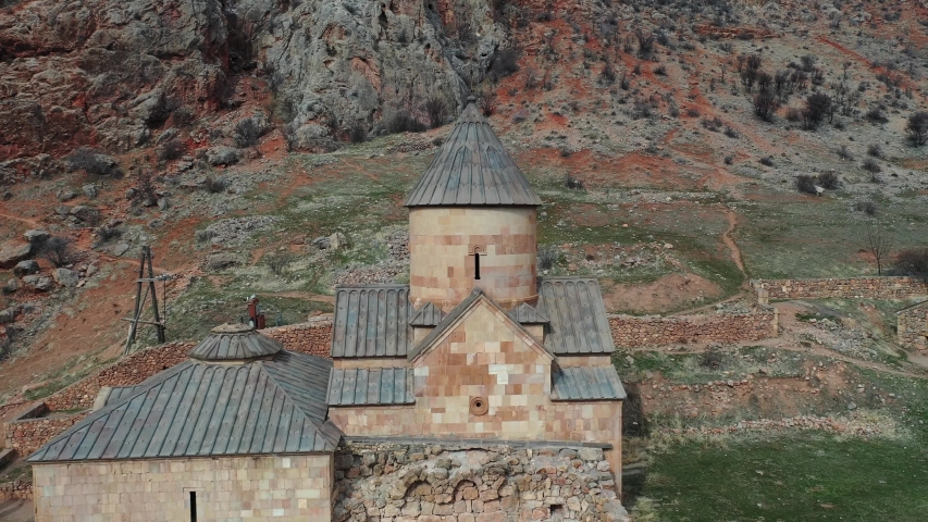 Christian monastery in the mountains. Aerial view. Armenia.