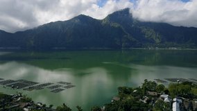 Aerial view of Batur lake at the foot of Agung volcano on the island of Bali in Indonesia