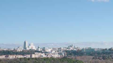 Madrid, Spain. City skyline with the Cathedral de la Almudena and Madrid Royal Palace.Panning left to right