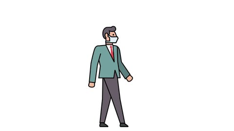 Linear Style Flat Stick Figure Pictogram Color Businessman Character Walking with Hospital Disposable Face Mask Animation Luma Matte