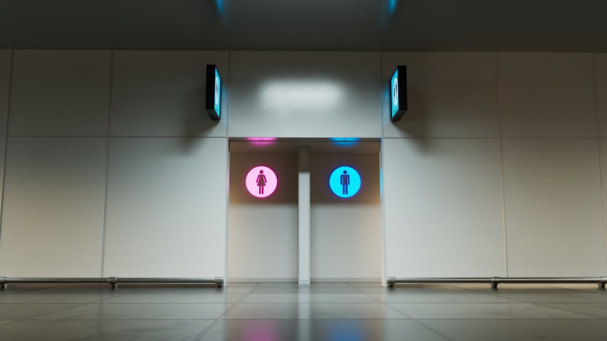 Toilets entrance. Man and woman section. Pink and blue. WC sign. Public place like airport terminal, hospital, bus or train station and any other type. Clean. Zooming-in front camera. Indoor. Corridor Royalty-Free Stock Footage #1048297816