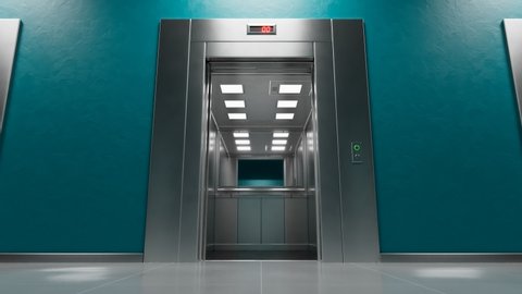 A modern elevator finally arrived on the floor. Slowly opening doors revealing an empty interior. Contemporary office building lobby with turquoise walls. Slow camera track in movement.
