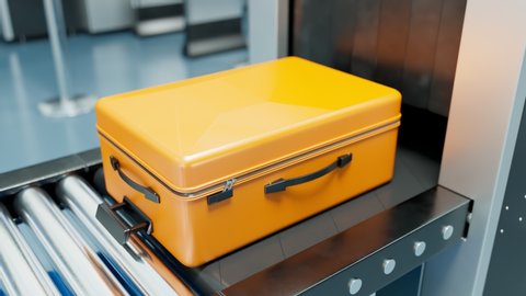 Airport Security Control. Luggage scanning. Dangerous items detection. Scanners sends X-rays to detect the type and thickness of objects inside suitcases or bags. Terrorism avoiding. Yellow. Side view