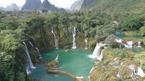 Beautiful Ban Gioc Waterfalls in the Vietnamese Mountains Aerial Drone Zoom Wide