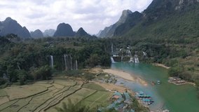 Beautiful Mountain Waterfall Landscape in North Vietnam Aerial Drone Shot