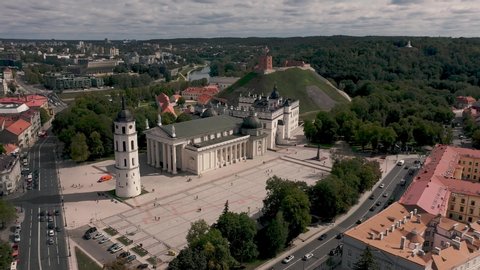VILNIUS, LITHUANIA - JULY, 2019: Aerial view of the beautiful cathedral square with Bell tower and ancemble of castles .