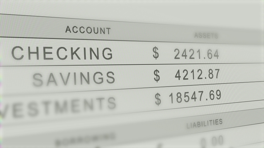 Close up of screen with bank accounts - as checking, savings and investment totals all drop to zero Royalty-Free Stock Footage #1048312000