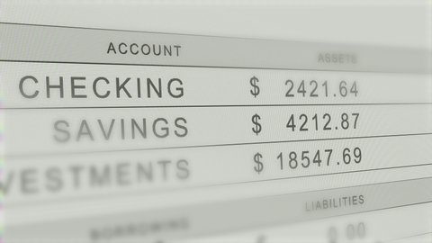 Close up of screen with bank accounts - as checking, savings and investment totals all drop to zero