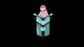 Color classic scooter with blond girl rider in pink helmet, t-shirt front view isolated on white cartoon style looped animation