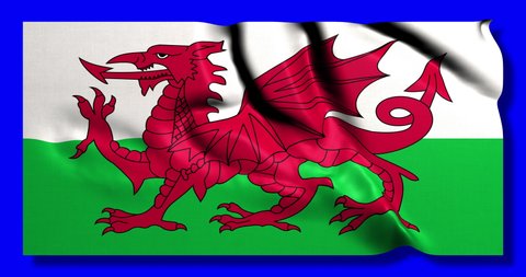 Wales flag. Welsh flag waving on green screen or chroma key background. National symbol of the country and world flags concept. 3d animation in 4k