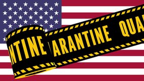 Animated concept caution quarantine. warning tape over US flag. Covid-19 Virus tape. Isolation attention animated motion graphic concept video. Corona virus pandemic information.