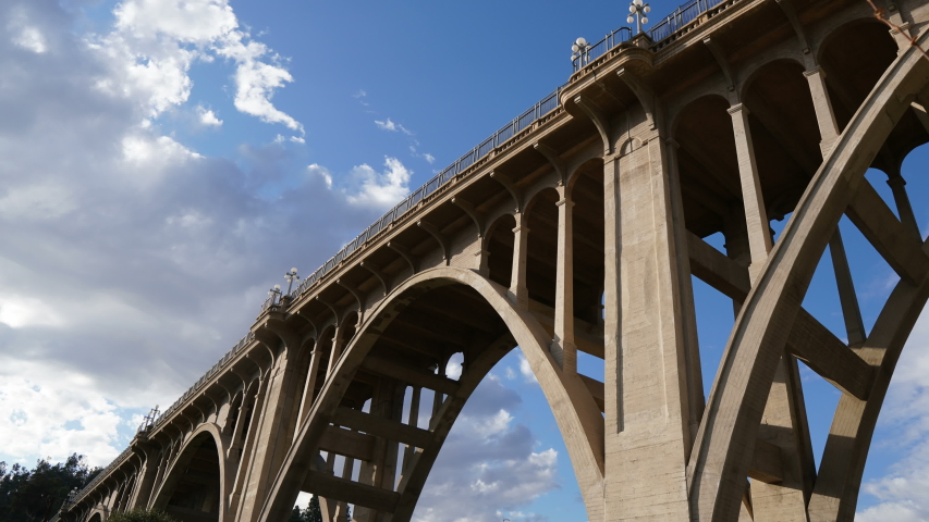 Time lapse below iconic Colorado Street Bridge in Pasadena California