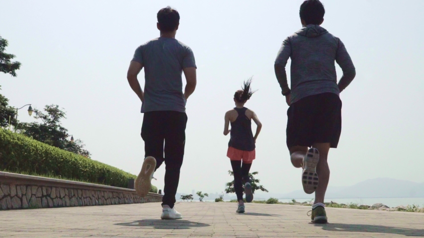 Rear view of a group of five young asian adults running by the sea in slow motion | Shutterstock HD Video #1048338154