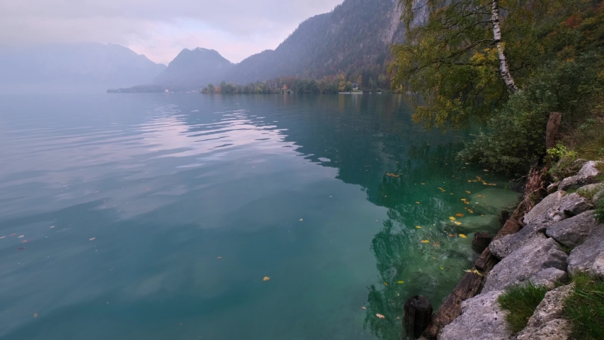 Autumn Alps mountain lake Attersee view, Salzkammergut, Upper Austria.
