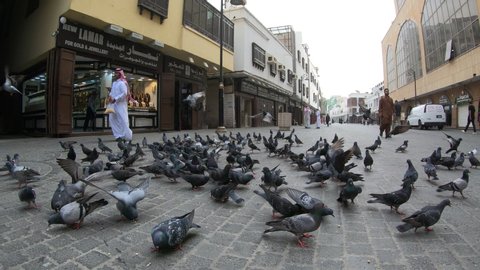 JEDDAH, SAUDI ARABIA – DECEMBER 2019: Young man in traditional Arabic dress (thawb) feeds pigeons in popular shopping street inside traditional Al Balad neighborhood in Jeddah
