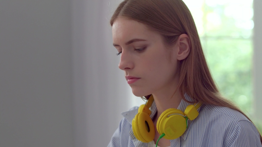 Portrait Shot Of Concertraited Young Woman Working With Documents, Hr Specialist Or Aspirant Girl Working With Applicants Cv