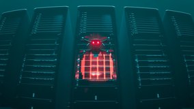 Loopable animation with working drone scanning servers in a dark hall.  Fully automatic unmanned system. Computer coordinated efficient and innovative network processing management. Render 4K
 - Powered by Shutterstock - Get 15% off with code: PIKWIZARD15