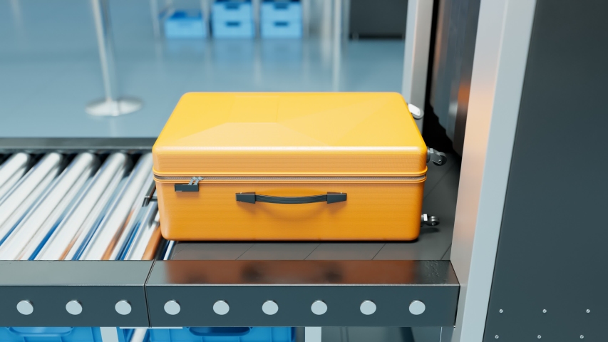 Airport Security Control. Luggage scanning. Dangerous items detection. Scanners sends X-rays to detect the type and thickness of objects inside suitcases or bags. Terrorism avoiding. Yellow. Front
