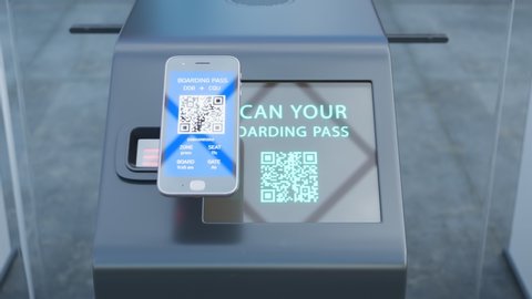 Instructional animation presenting how to pass the self-service e-gates at modern airports. You have to scan your QR Code on a boarding pass and then the gate opens. Just get through. No staff needed.