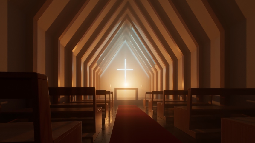 Modern minimalistic church or chapel interior during night or evening. Two rows of empty wooden pews. Simple alar at the center. Place of worship with cross on the wall. Christianity, religion concept