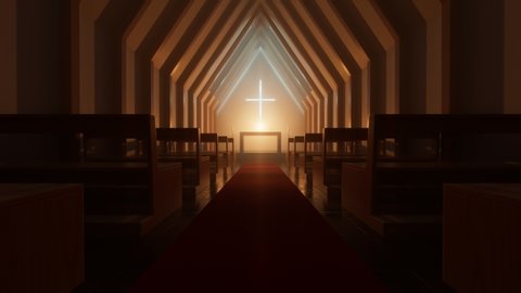 Modern minimalistic church or chapel interior during night or evening. Two rows of empty wooden pews. Simple alar at the center. Place of worship with cross on the wall. Christianity, religion concept