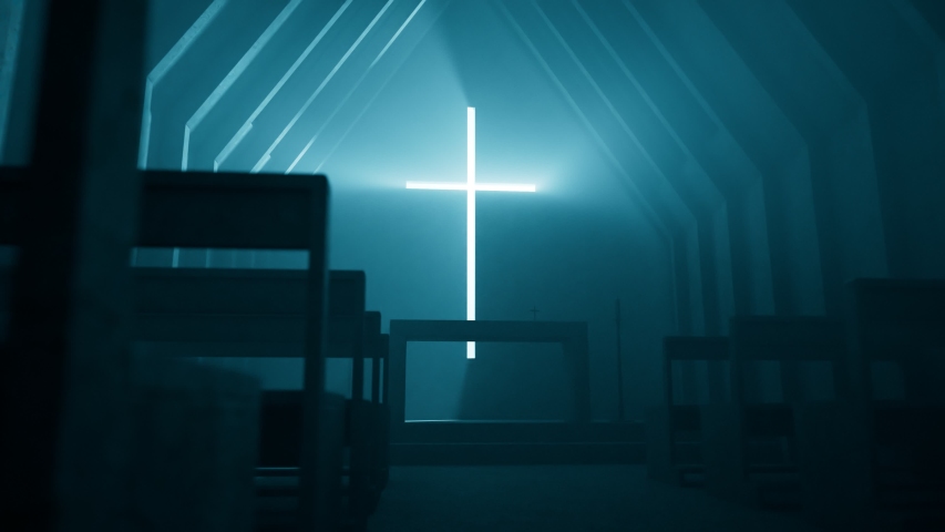 Modern minimalistic church or chapel interior lit by morning sunlight. Two rows of empty wooden pews. Simple alar at the center. Place of worship with cross on the wall. Christianity, religion concept | Shutterstock HD Video #1048369723