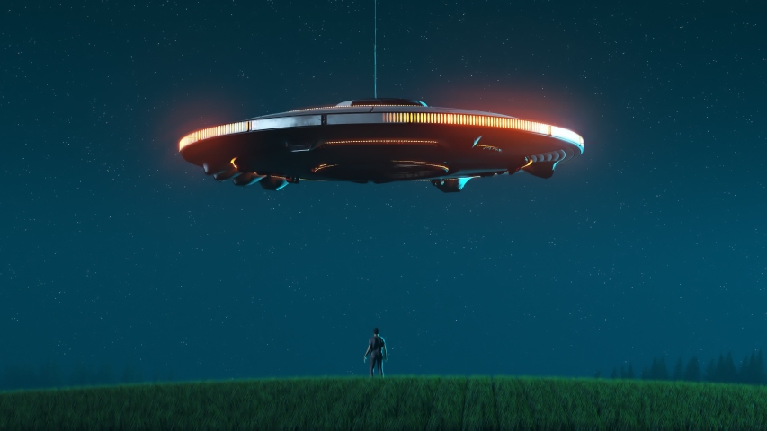 Alien invasion Circular silhouette of the shiny metal flying saucer over the grassy meadow. Ufo hangs above the lonely man and shoots a bright light beam. Ray is taking him to the ship Render 4k
 | Shutterstock HD Video #1048369762