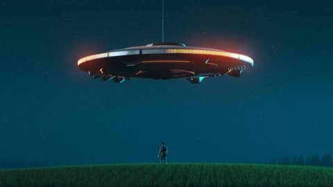 Alien invasion Circular silhouette of the shiny metal flying saucer over the grassy meadow. Ufo hangs above the lonely man and shoots a bright light beam. Ray is taking him to the ship Render 4k
