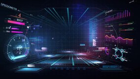 Virtual reality. Futuristic VR head-up display design. Sci-Fi helmet HUD, GUI,UI. Futuristic display with data, speedometer and statistics panel. Cockpit of futuristic autonomous car. High tech screen - Powered by Shutterstock - Get 15% off with code: PIKWIZARD15