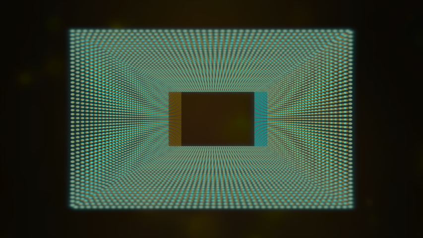 Abstract rectangles spinning, transforming into strange hypnotic structure with glitch effect.