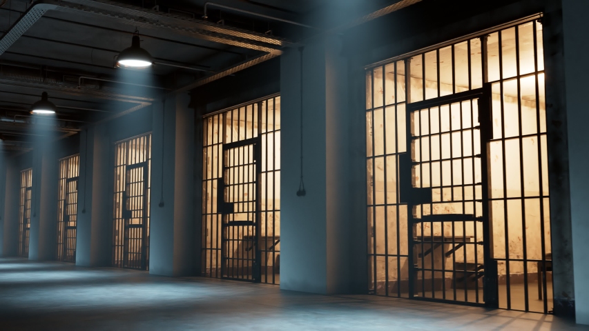 Side view at never-ending prison corridor. Surrounded by prison cells. Gloomy mood. Fog, rays, daylight. Walk-through the gaol. Crime. Interrogation. Justice. Separated cell. One person. Guard. Walk
 Royalty-Free Stock Footage #1048379092