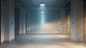 Front view at never-ending prison corridor. Surrounded by prison cells. Gloomy mood. Fog, rays, daylight. Walk-through the gaol. Crime. Interrogation. Justice. Separated cell. One person. Guard. Walk
 - Powered by Shutterstock - Get 15% off with code: PIKWIZARD15