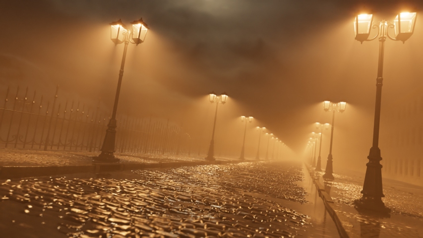 Vintage cobblestone street with classic lanterns and rainy weather. Old road with many puddles of water. Climatic dense fog during a cold night. Endless, seamless looping animation.
