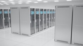 Countless modern server cabinets in a render farm. Bright, clean, sci-fi, futuristic room with a glossy floor. State of the art technology. Endless, seamless looping animation. Side angle camera view. - Powered by Shutterstock - Get 15% off with code: PIKWIZARD15