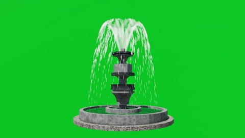Fountain with Water effect isolated on Green Screen Background, Chroma key for design Park, Outdoor garden, Architecture or other 3D scenes, Realistic rendering animation in 4K.
