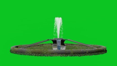 Old Fountain covered by ivy and Water effect isolated on Green Screen Background, Chroma key for design Park, Outdoor garden, Architecture or other 3D scenes, Realistic rendering animation in 4K