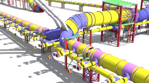 3D rendering. Building Information Model of metal structures of the gas pipeline. 3D BIM model animation. The building is of steel columns, beams, connections, tubing, etc. BIM background.