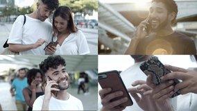 Collage of young people with mobile phones. Multiscreen montage of diverse happy young men and women using cell phones and walking on city street. Technology concept