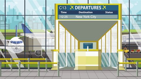 Airport departure board with New York City text. Travel in the United States related loopable cartoon animation