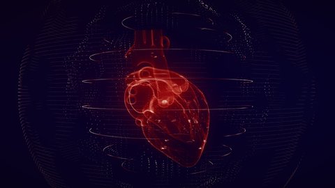Anatomically correct red digital human heart seamless loop. Futuristic particle cardiac computer tomography scan with rotation looping 3D render. MRI future, disease, health and medical concept
