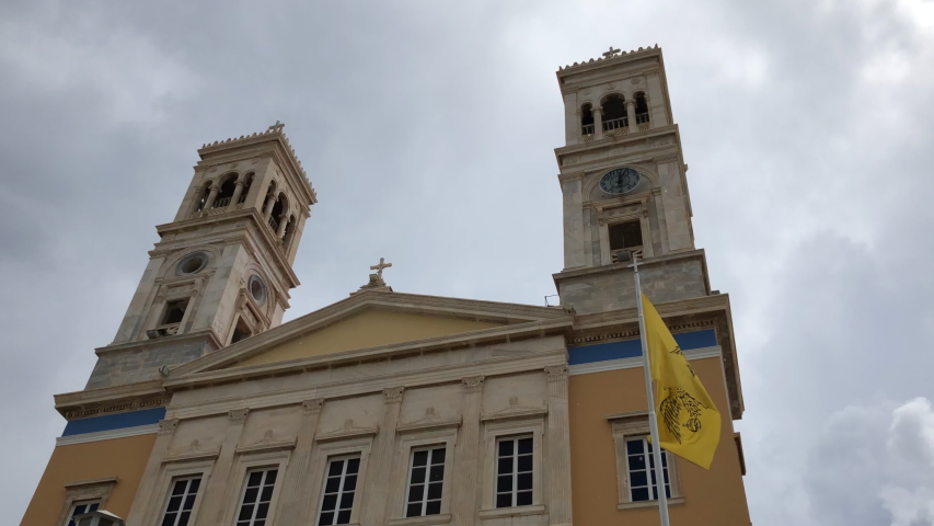 Cathedral of Saint Nicolas in Ermoupolis, Syros island, Greece, in a grey raining day.